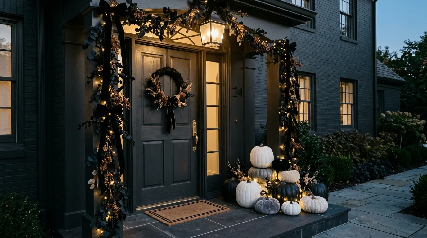 Bring in darker florals or branches for depth inspiration for a Halloween front door entrance.